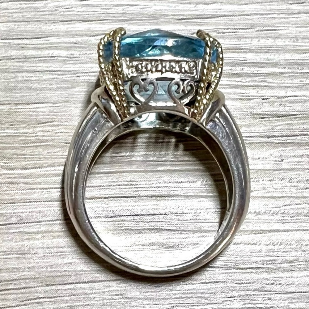 Vintage Designer Signed V Sterling Silver & 14K Yellow Gold 16mm Blue Topaz Ring - Picture 6 of 11